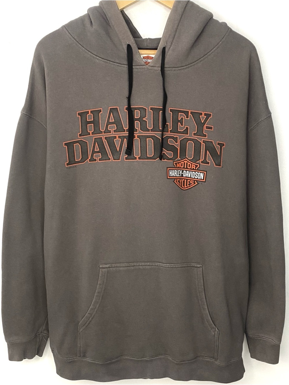 Vintage Y2K Harley Davidson Motorcycles Gray Spell Out Faded Hoodie Sweatshirt